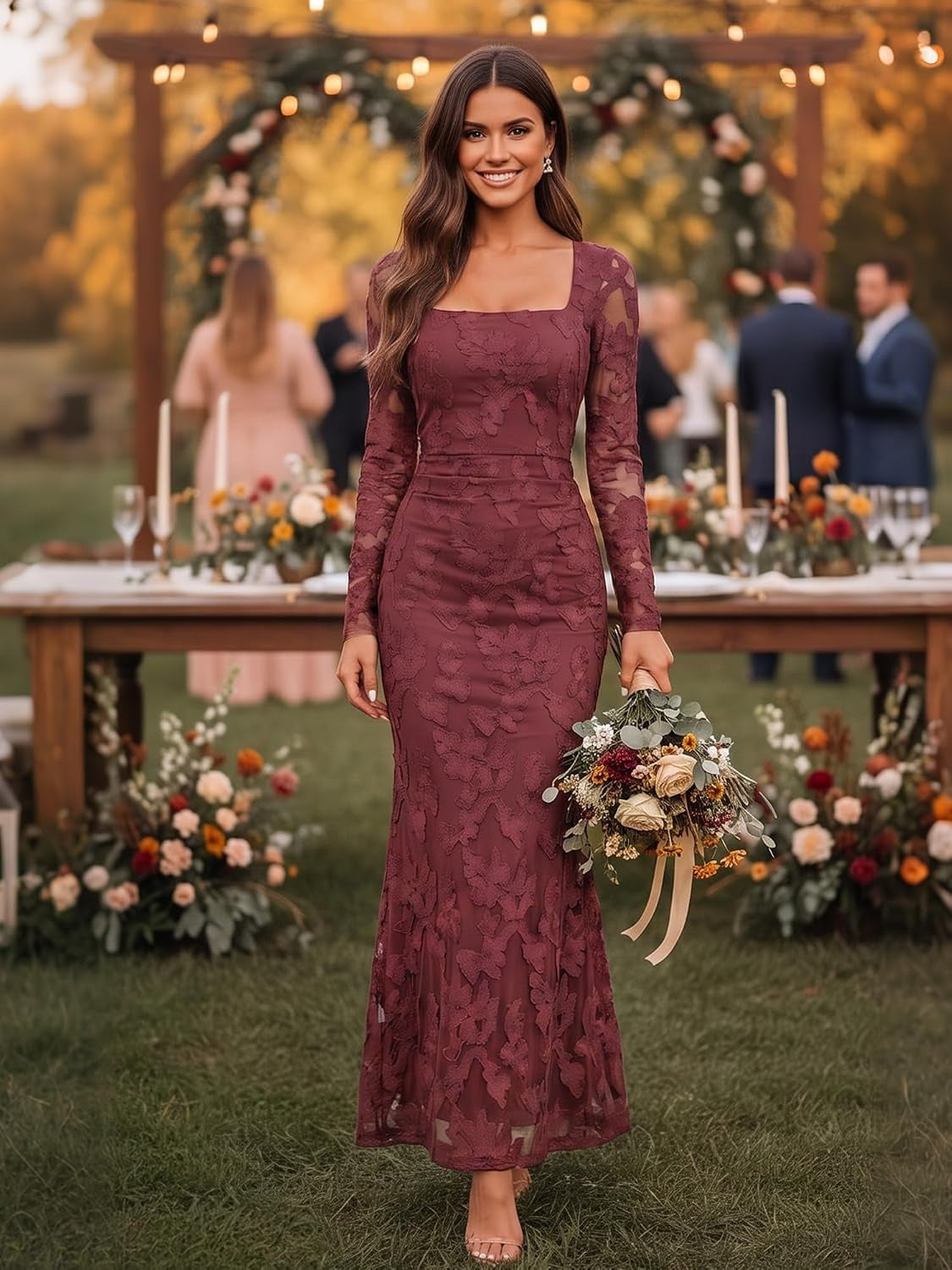 Valentina Floral Lace Square Neck Maxi Dress - Wine Red