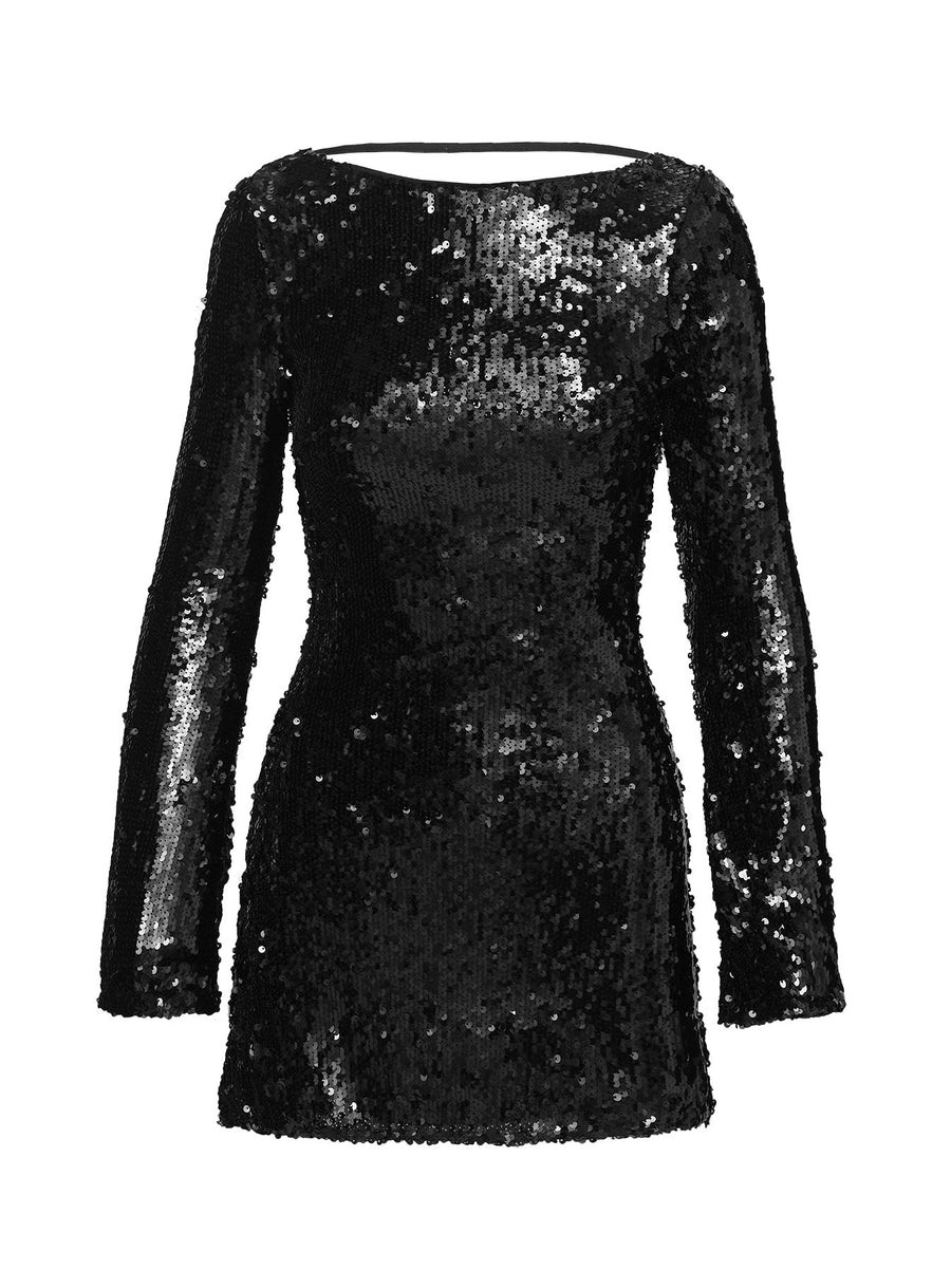 Interstella Sequin Long Sleeve Mini Dress Black · photo 6