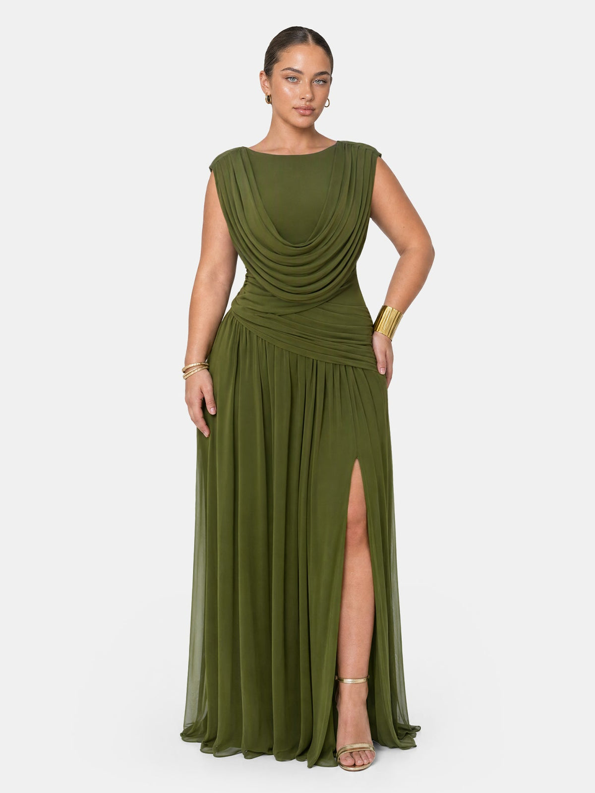 Athena Cowl Neck Maxi Dress - Olive Green