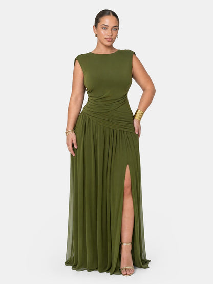 Athena Cowl Neck Maxi Dress - Olive Green