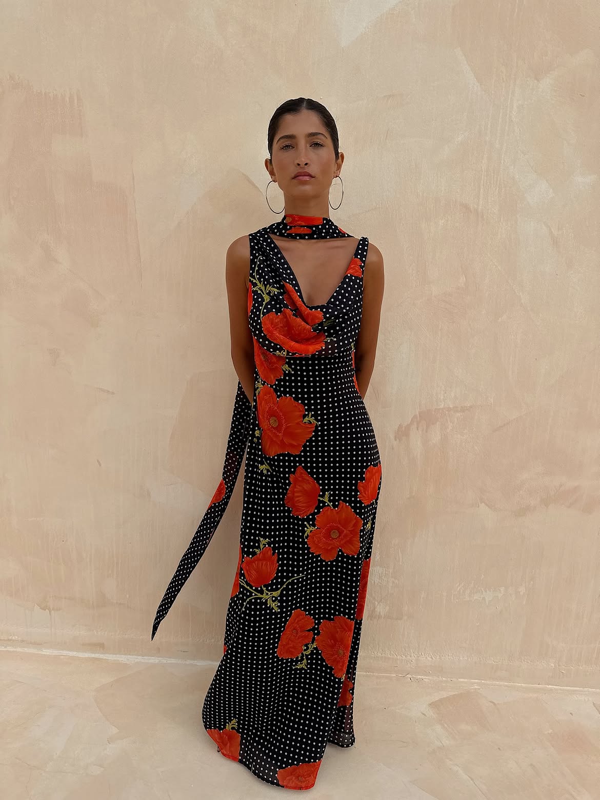 Black Poppy Sophie Dress, black bias-cut maxi with red poppy and white polka dot print, front view