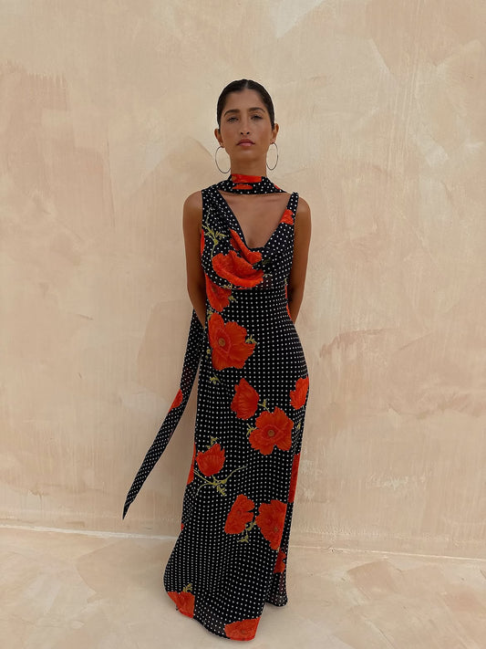 Black Poppy Sophie Dress, black bias-cut maxi with red poppy and white polka dot print, front view