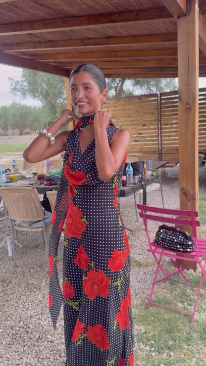 Try-on of the Black Poppy Sophie Dress showing the low V back, bias-cut drape and detachable scarf
